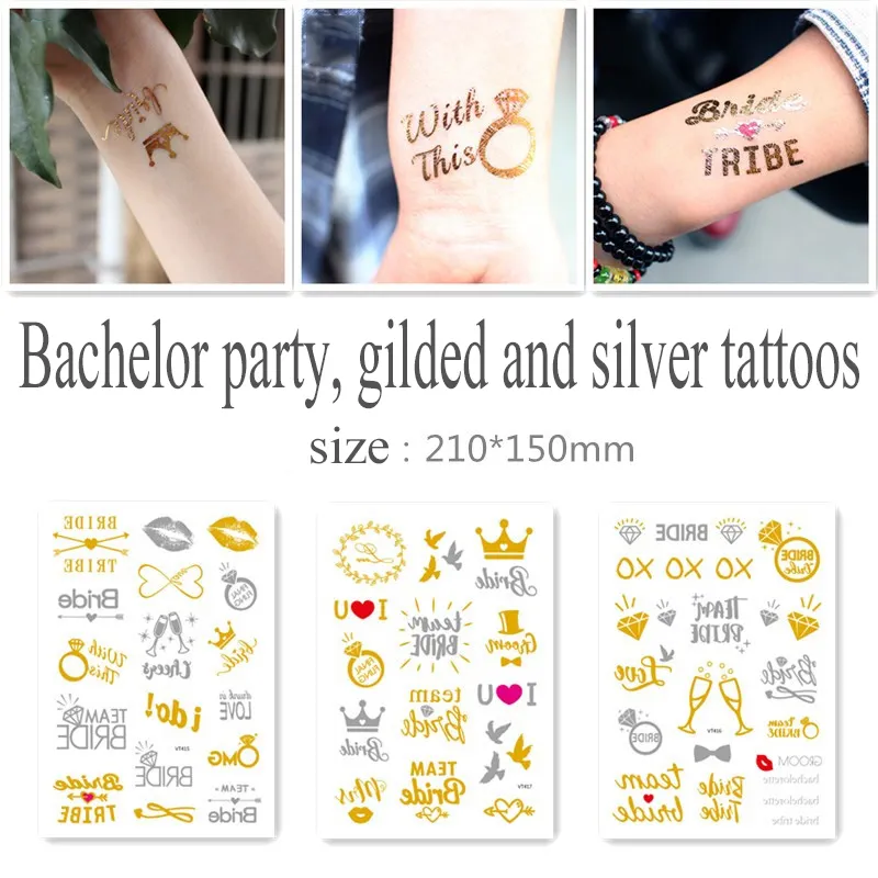 VT Series Team Bride Tattoo Sticker Waterproof Gold Silver Tattoo Sticker Single Party Metallic Tattoo Sticker