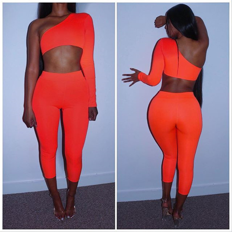 women summer sleeve One shoulder crop top pants suit two piece set sexy tracksuit