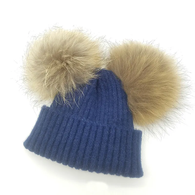 Luxury Real raccoon Fur Pompom Hat Women Winter Caps Knitted Wool Cotton Hats Two Pom Poms Skullies Beanies Girls