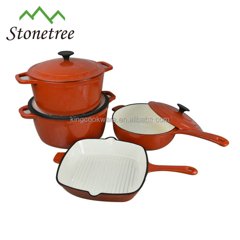 Cast iron casserole cookware set with red enamel coating