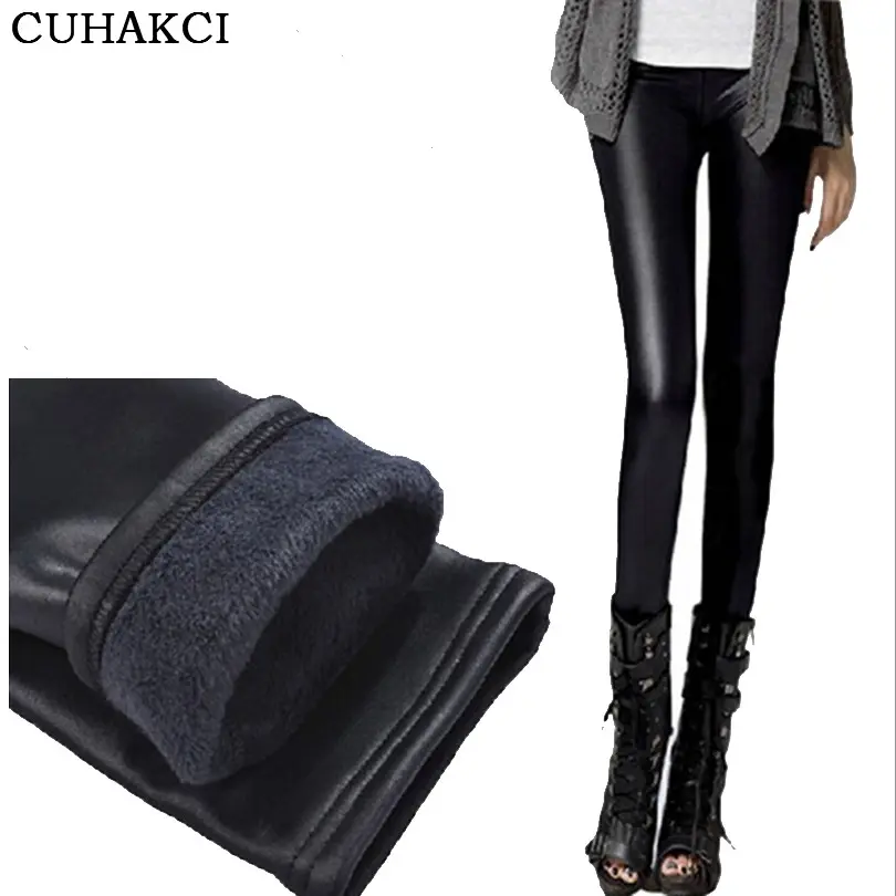 CUHAKCI Super Thick Black Faux Leather Leggings Winter Tights Women's Warm Plush Casual Skinny Pants Ex-factory Price