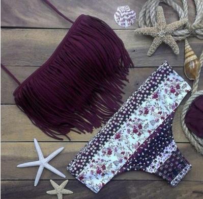 Lover-Beauty Vintage Claret Halter Fringe Bikini Set Printing Bottom