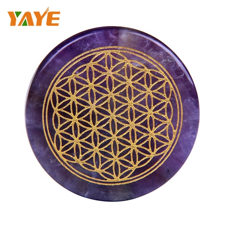 Engraved Chakra Stones Amethyst Flower of Life Palm stones wholesale