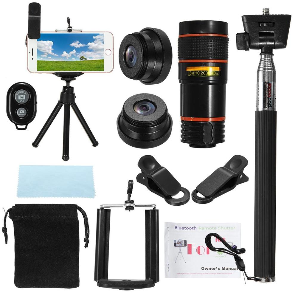 Free Shipping Telephoto Lens Mobile Phone Camera Selfie Sticks+Fish Eye Lens+Wide Angle+Macro Lenses Cell Phone Mobile Tripod