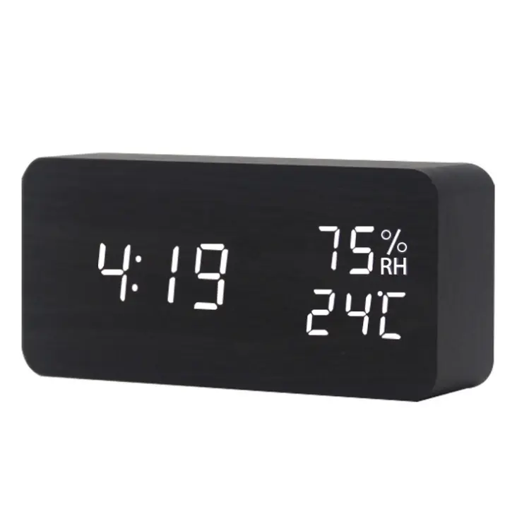 small order modern square colorful wooden bamboo digital single face thermometer led alarm clock rechargeable alarm clock