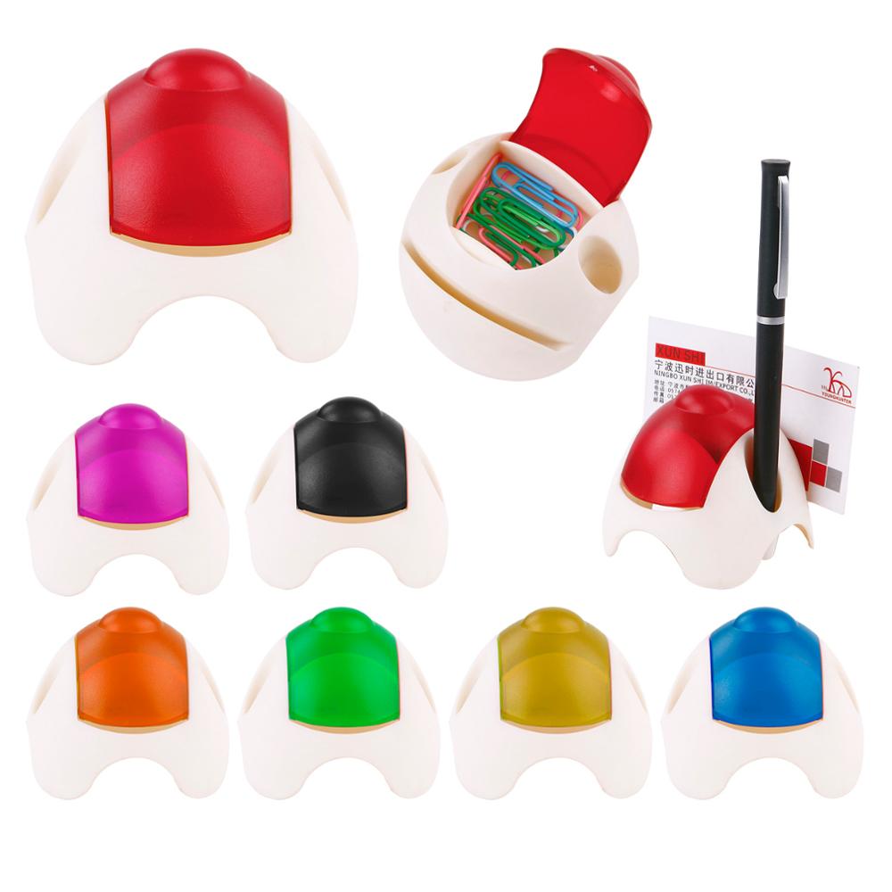 Multi functional Stationery Desktop round half ball 2 pens slot stand business name card holder flip-open paper clip organizer