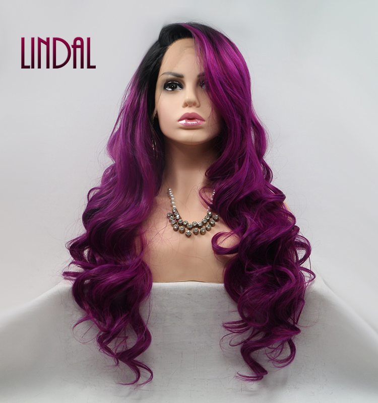 LINDAL 24 "Кружевные передние Омбре фиолетовые темные корни Красочные Китай 13x3 Гуандун Вьющиеся Волнистые цветные синтетические парики оптом