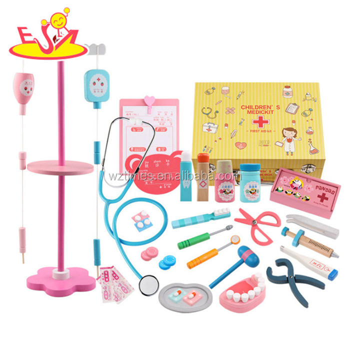 Wholesale newest medical equipment toy 25 pcs wooden kids doctor toy with IV drip stand W10D159B