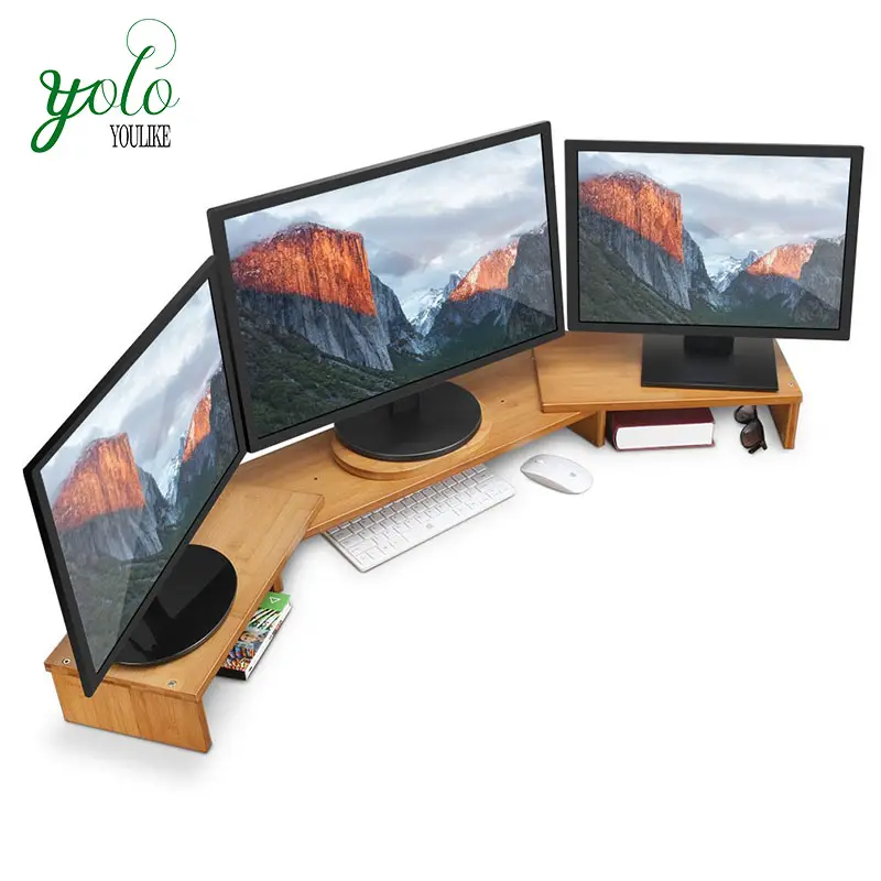 Durable and 3 Shelf Bamboo Monitor Stand Riser with Adjustable Length and Angle