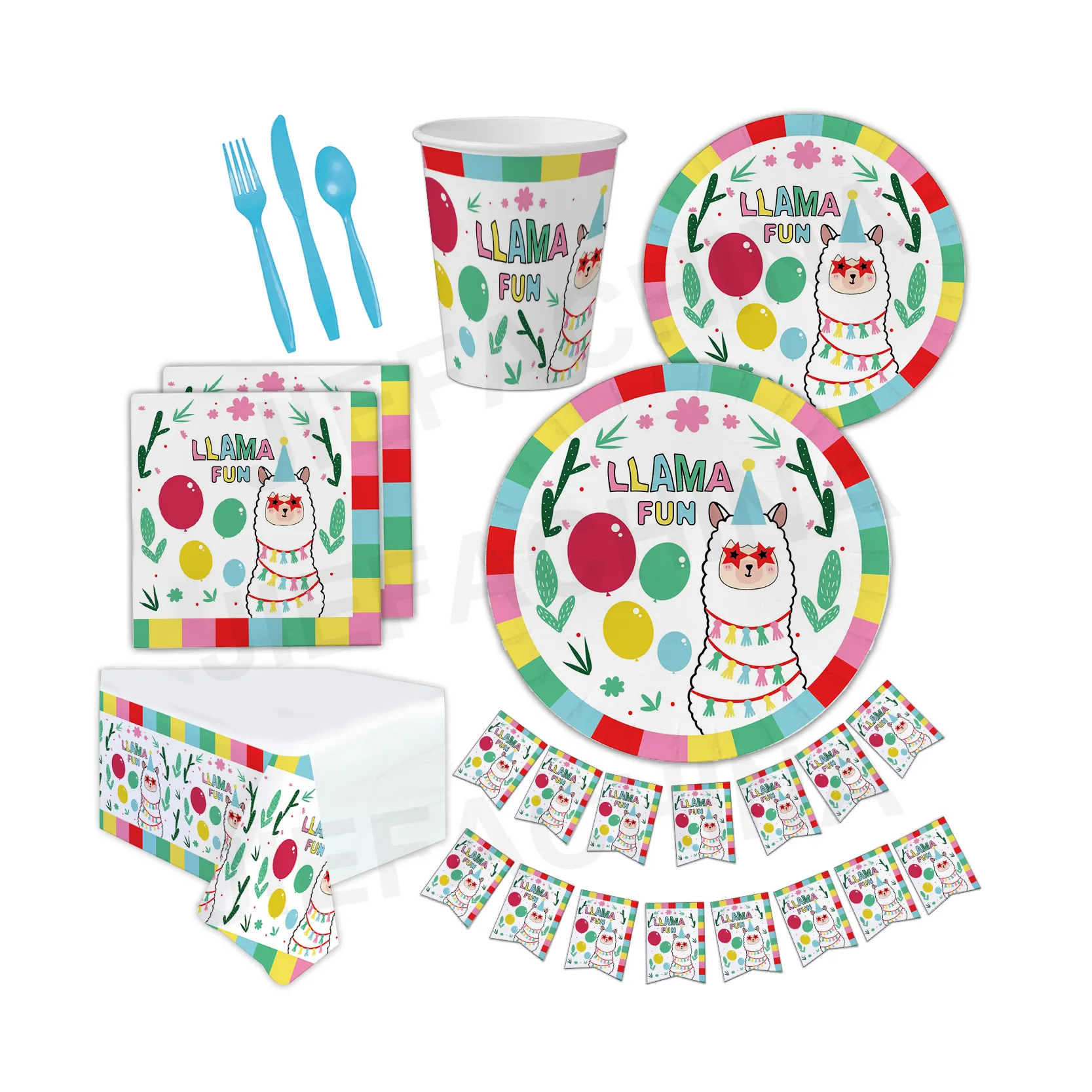 Factory Custom Llama Party Supplies Llama Themed Birthday Party Tableware Kit For 16 Guests