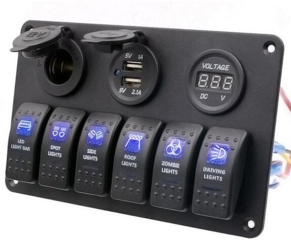 Car Marine Aluminum 6 Gang LED Rocker Switch Panel Dual USB Voltmeter Power Socket