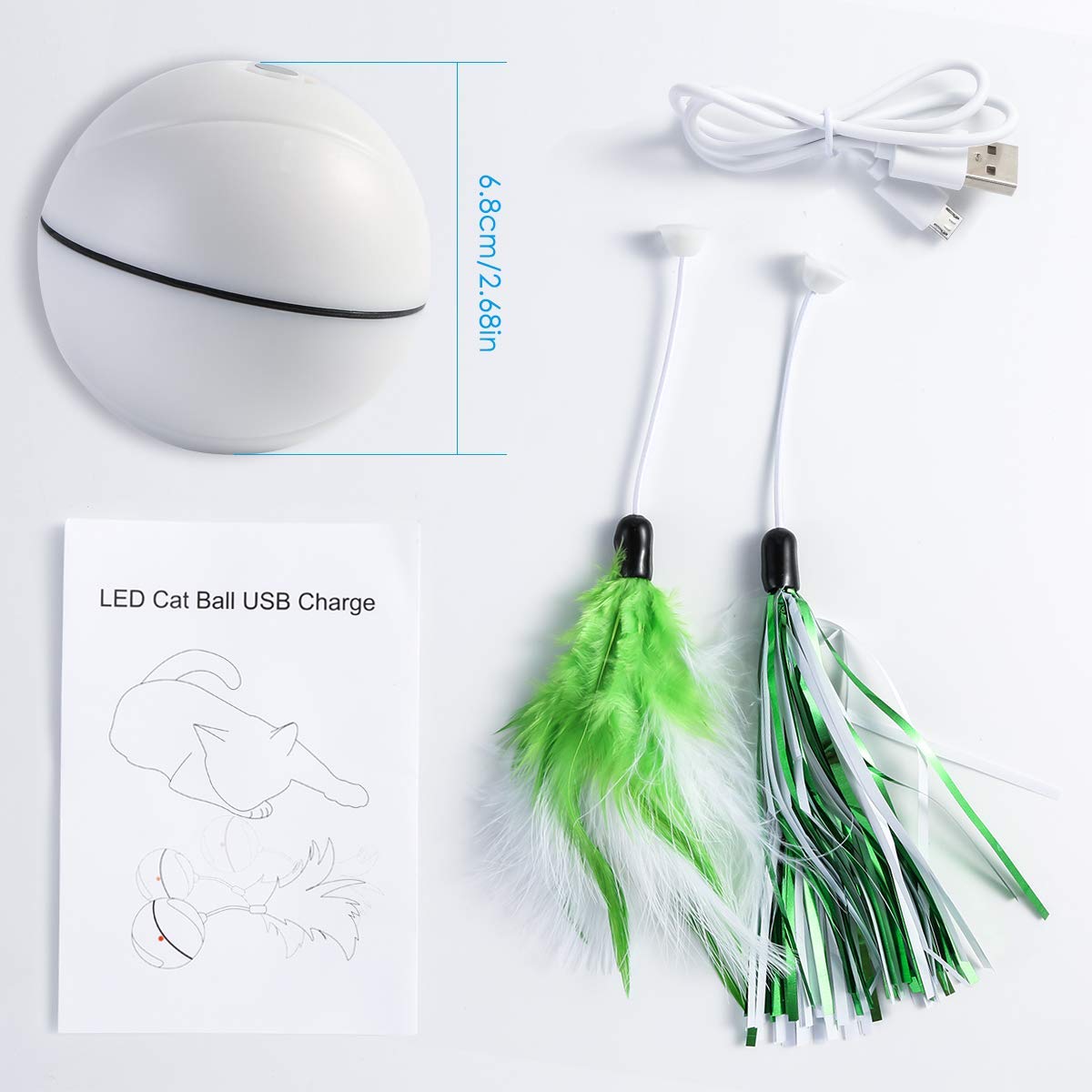 Светодиодный лазерный мяч для кошек с перьями и колокольчиками, USB зарядка, Интерактивная игрушка для кошек