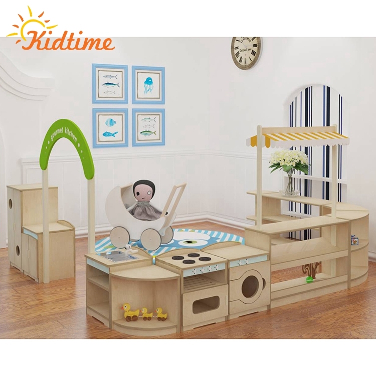 Kindergarten modern kids bedroom doll house table and chair wood children furniture set