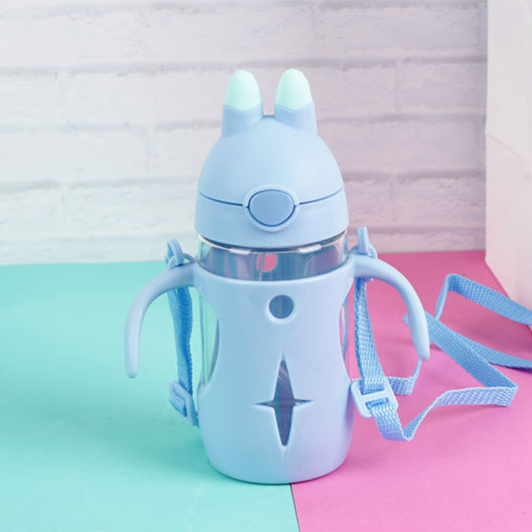 High quality food grade baby drinking glass water bottle with straw and handle