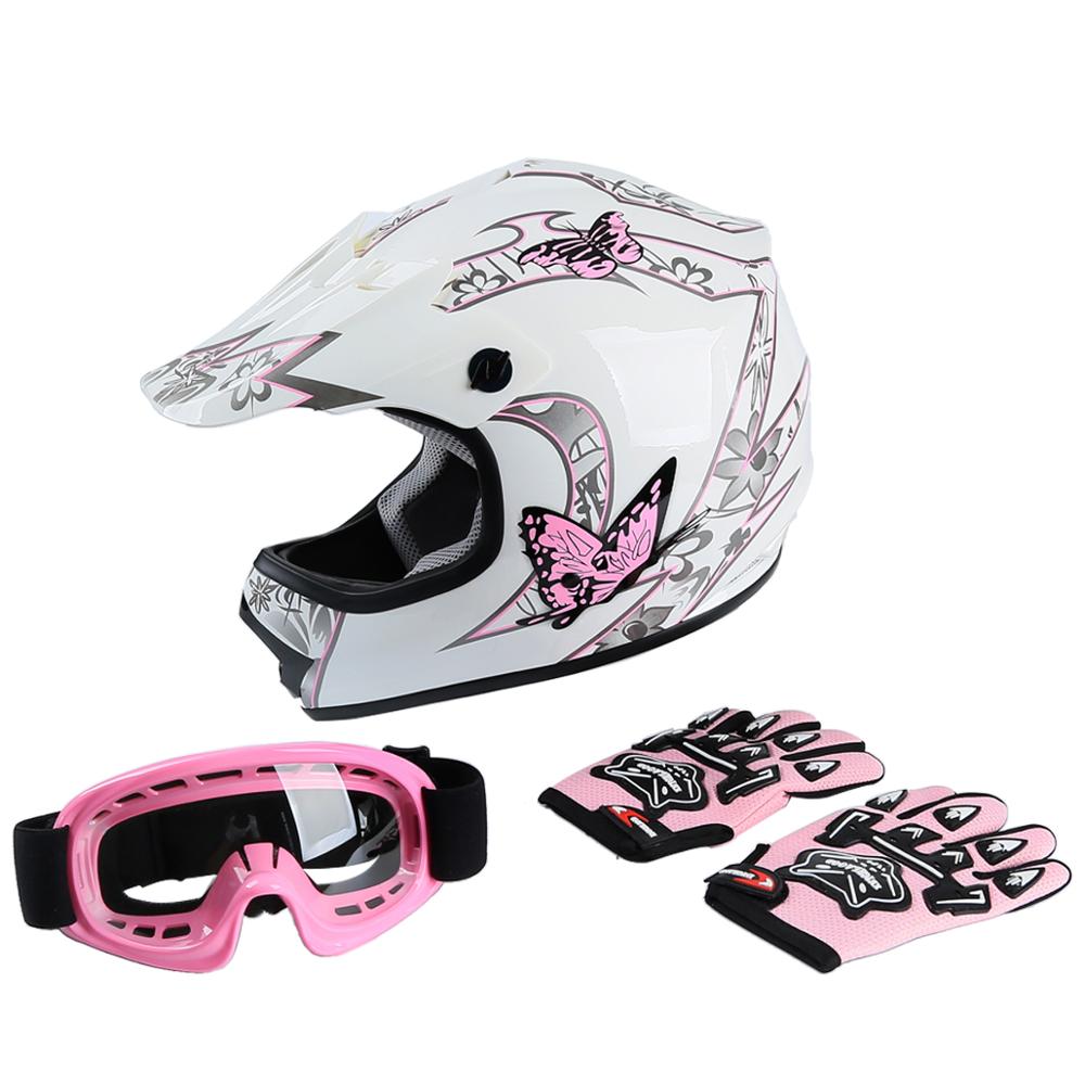 TCMT XF270205 Motorcycle Youth Pink Butterfly Dirt Bike ATV Helmet Motocross+Goggles+gloves Size S M L XL