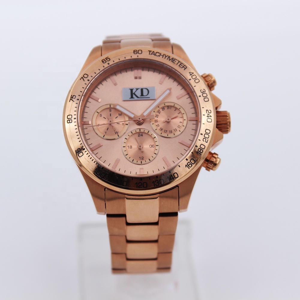 KD Brand Rose Gold 3 Eyes Stainless Steel Luxury Women Watch In Stock