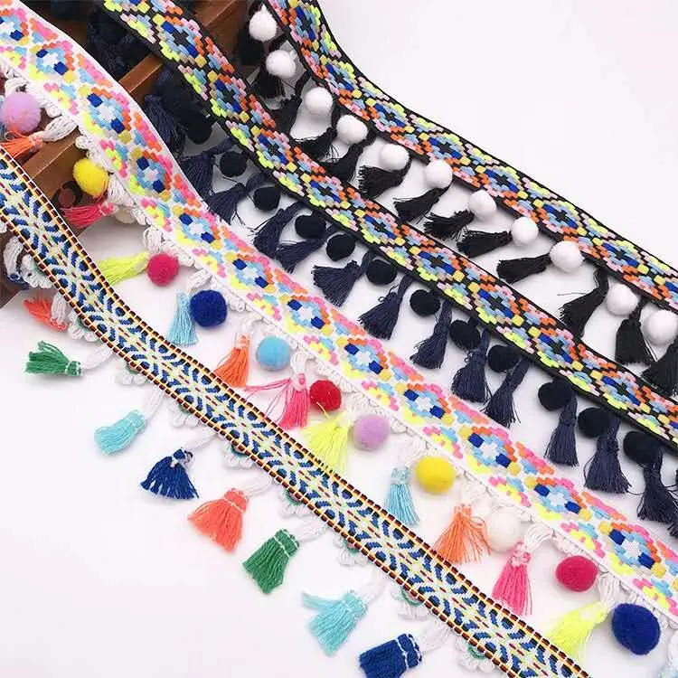 Eco-Friendly jacquard ribbon Design pom pom lace  Decorative Tassel fringe lace
