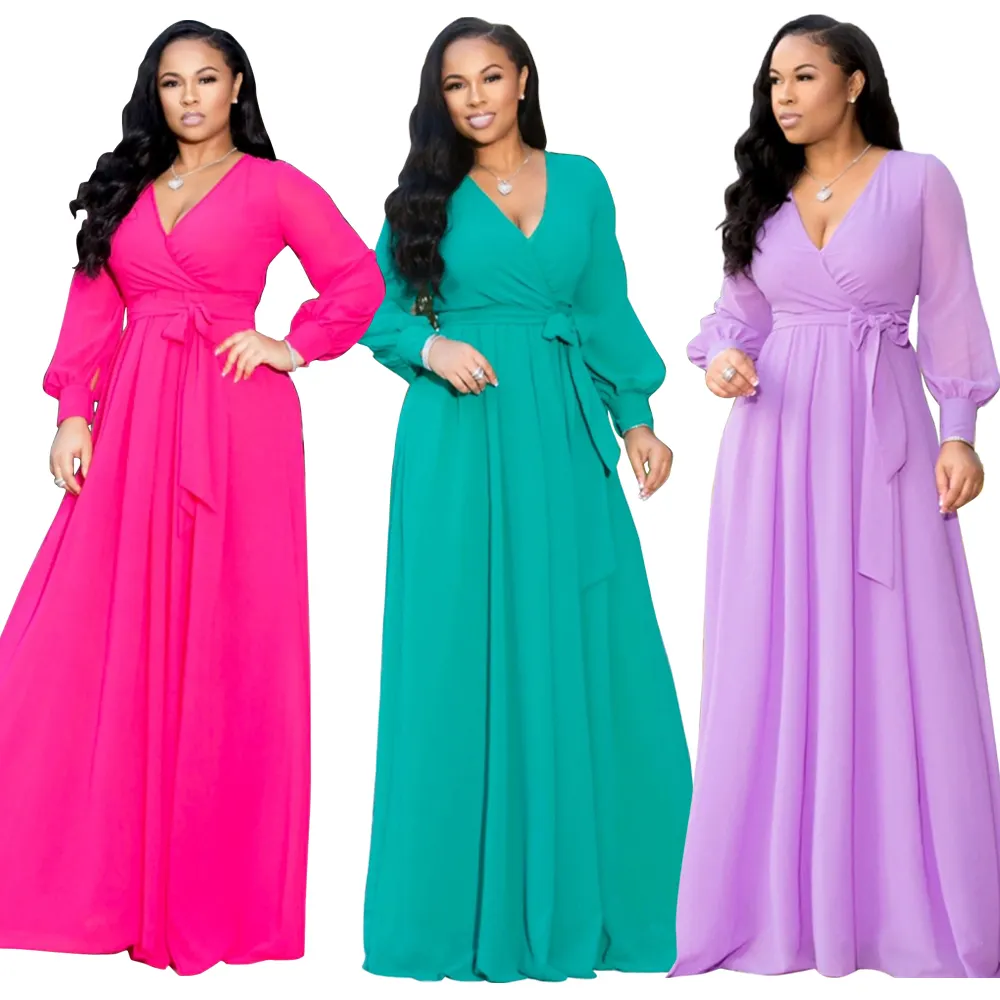 Wholesale new style sexy deep v neck long sleeves soild color casual chiffon maxi dress for woman ladies