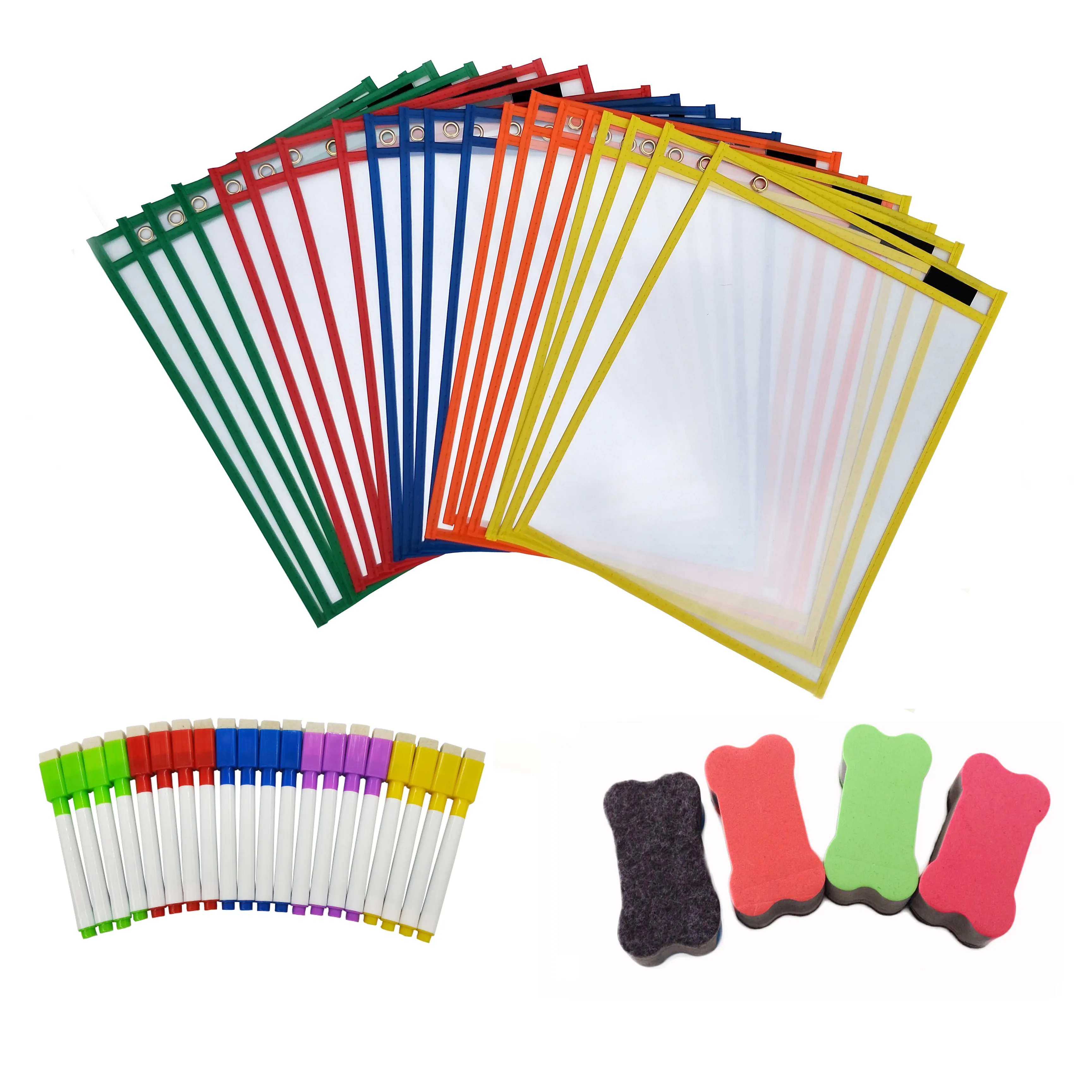 Multicolored Dry Erase Pockets Oversize 10'' x 13'' Pockets Perfect for Classroom Organization, Teaching Supplies 20pcs Per Pack