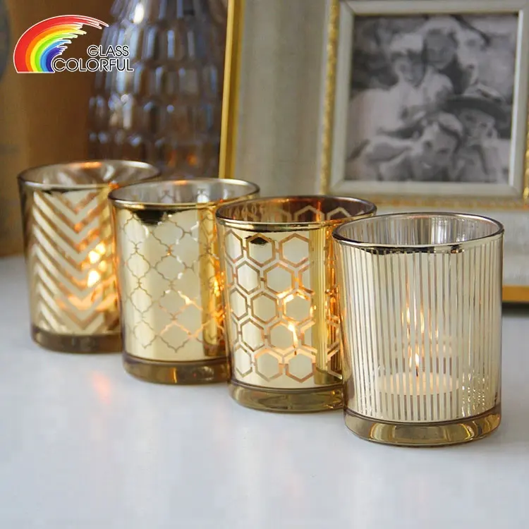 Golden Candle Holder Geometric Pattern Golden Color Glass Candle Jars Wholesale