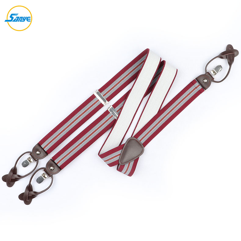 mens red with gray stripe pattern design suspenders 35mm wide convertible Y-back button tap elastic adjustable premium braces
