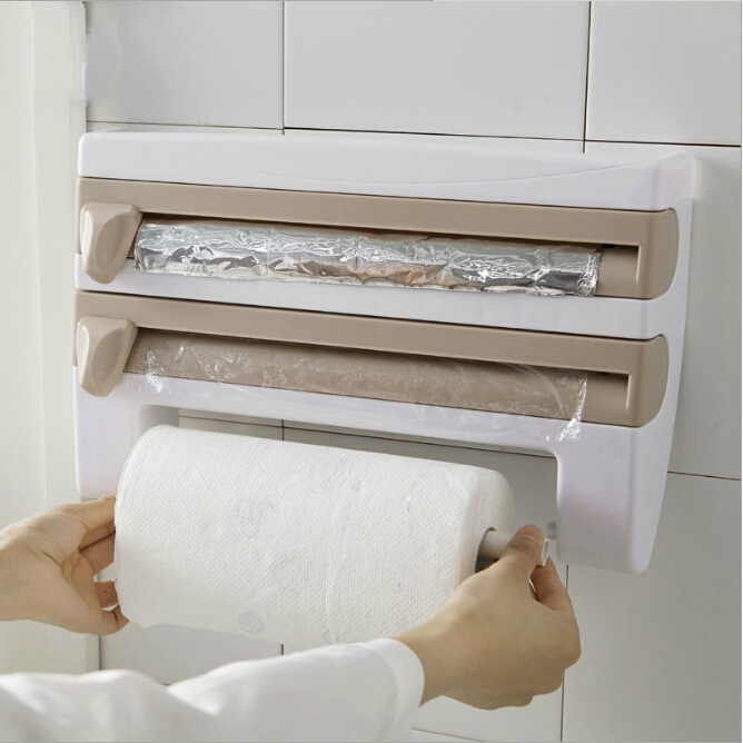 Creative Kitchen Aluminium Foil Cling Film Storage Rack Multi-function Paper Towel Holder Wall Kitchen Roll Holder With Cutter