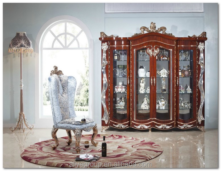 MBK0835-antique Роскошная твердая древесина ручной работы с золотым листом красного дерева цвет гостиной две двери шкаф-витрина для вина витрина