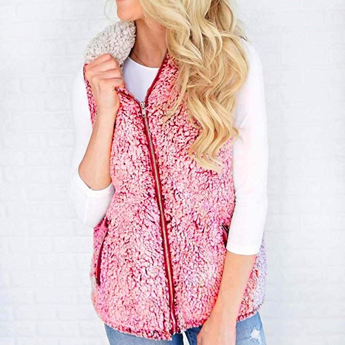 Women Vest Winter Warm Outwear Casual Faux Fur Zip Up Sherpa Jacket