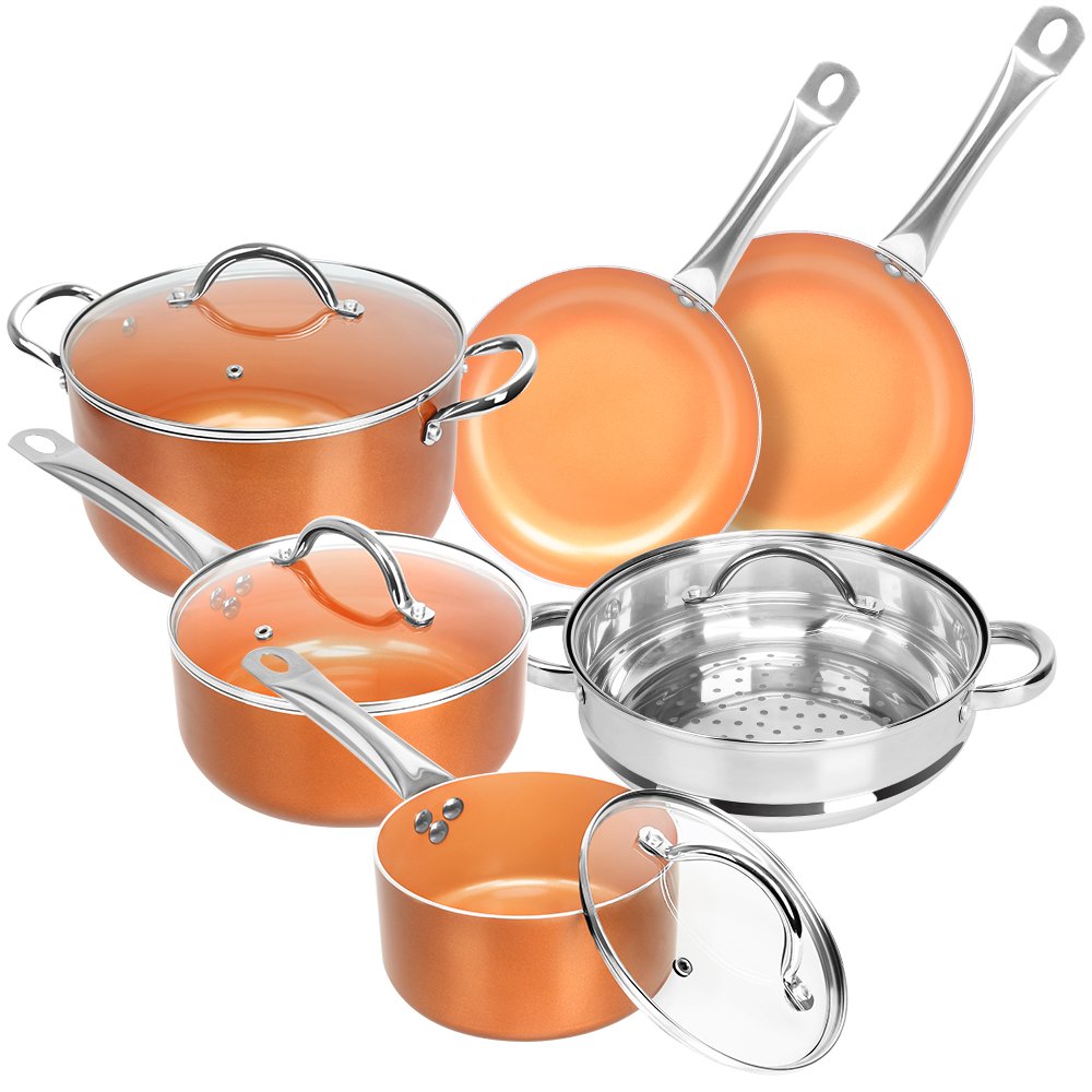 Nonstick Ceramic Copper 10 Pieces Cookware Set,Aluminum Pots and Frying Pans Set