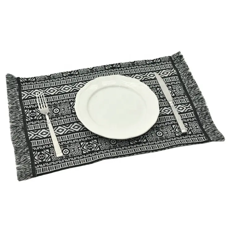 Wholesale home textile fringes black placemats printed woven fabric table mat stripe placemat dining mat plate mat