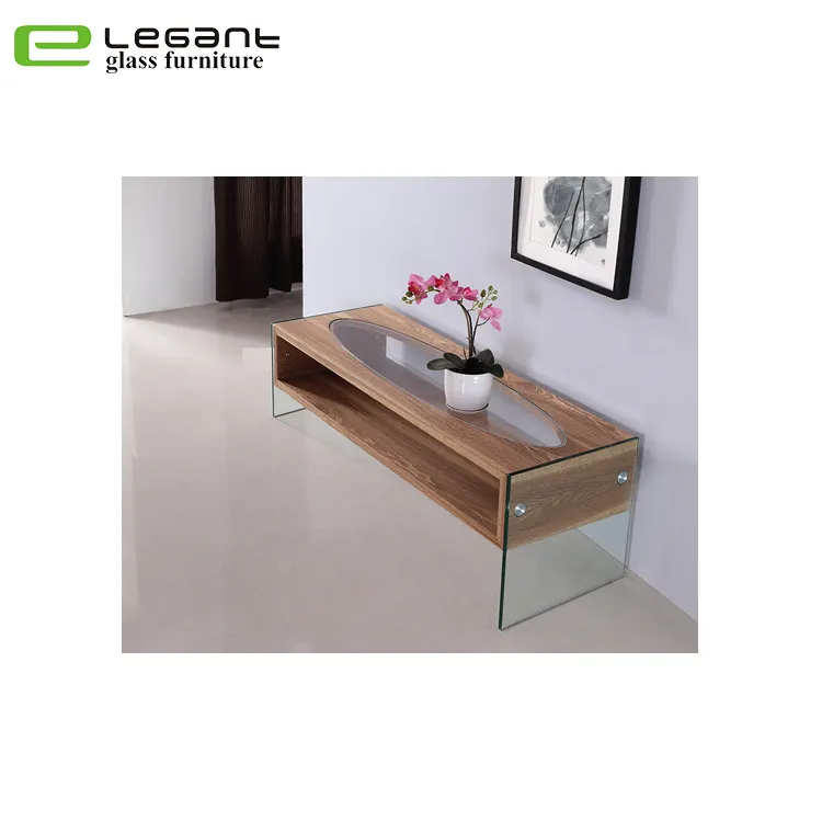 Glass Led TV Stand with Ash Wood Veneer Top