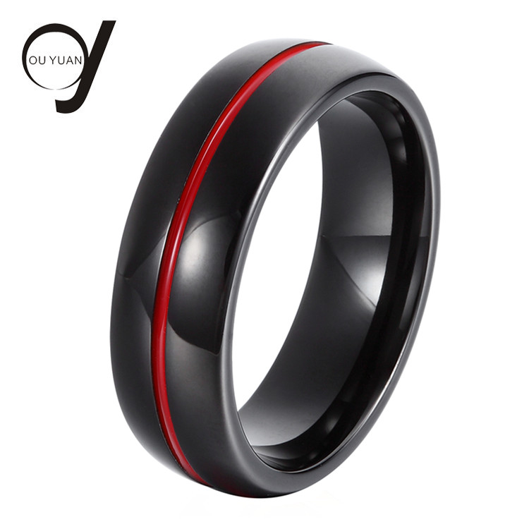 7mm Black Domed High Polished Red Line Comfort Fit Tungsten Engagement Ring