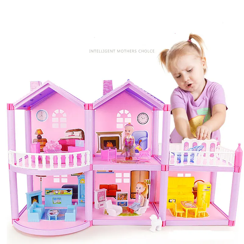 2019 Wooden Toy Happy Family Fashion Big Box Accessory Pink Diy Doll House miniature
