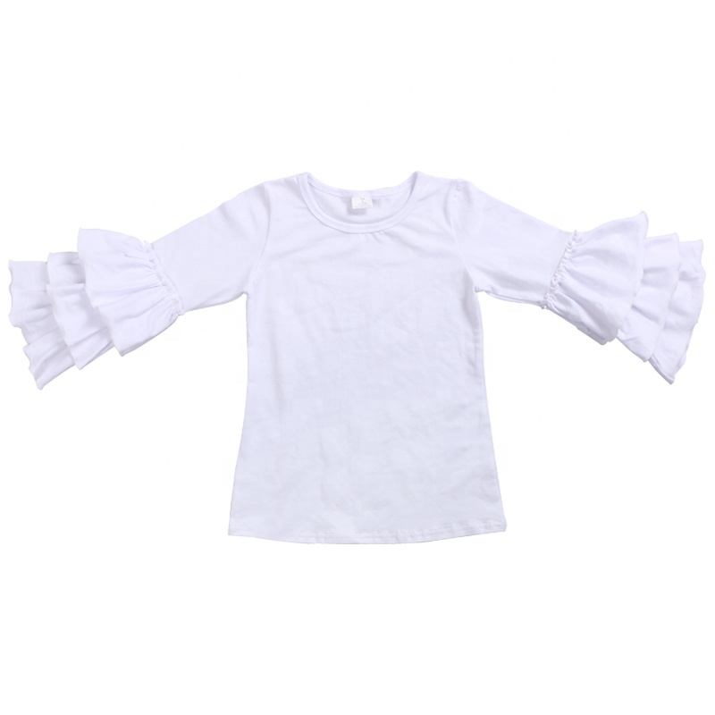 wholesales baby girls kids clothing solid color long sleeve ruffle shirt cotton white top