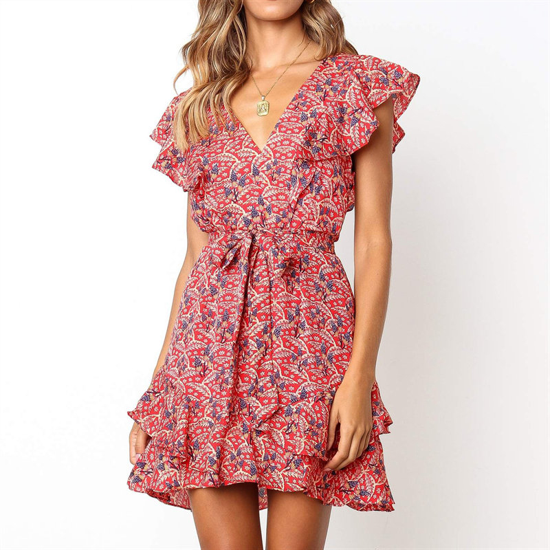 Shein 2020 новинка, оптовая продажа для женщин цветочный принт с завязкой на поясе Волан оборками Леди Мини Boho сексуальное элегантное праздничное шифоновое платье