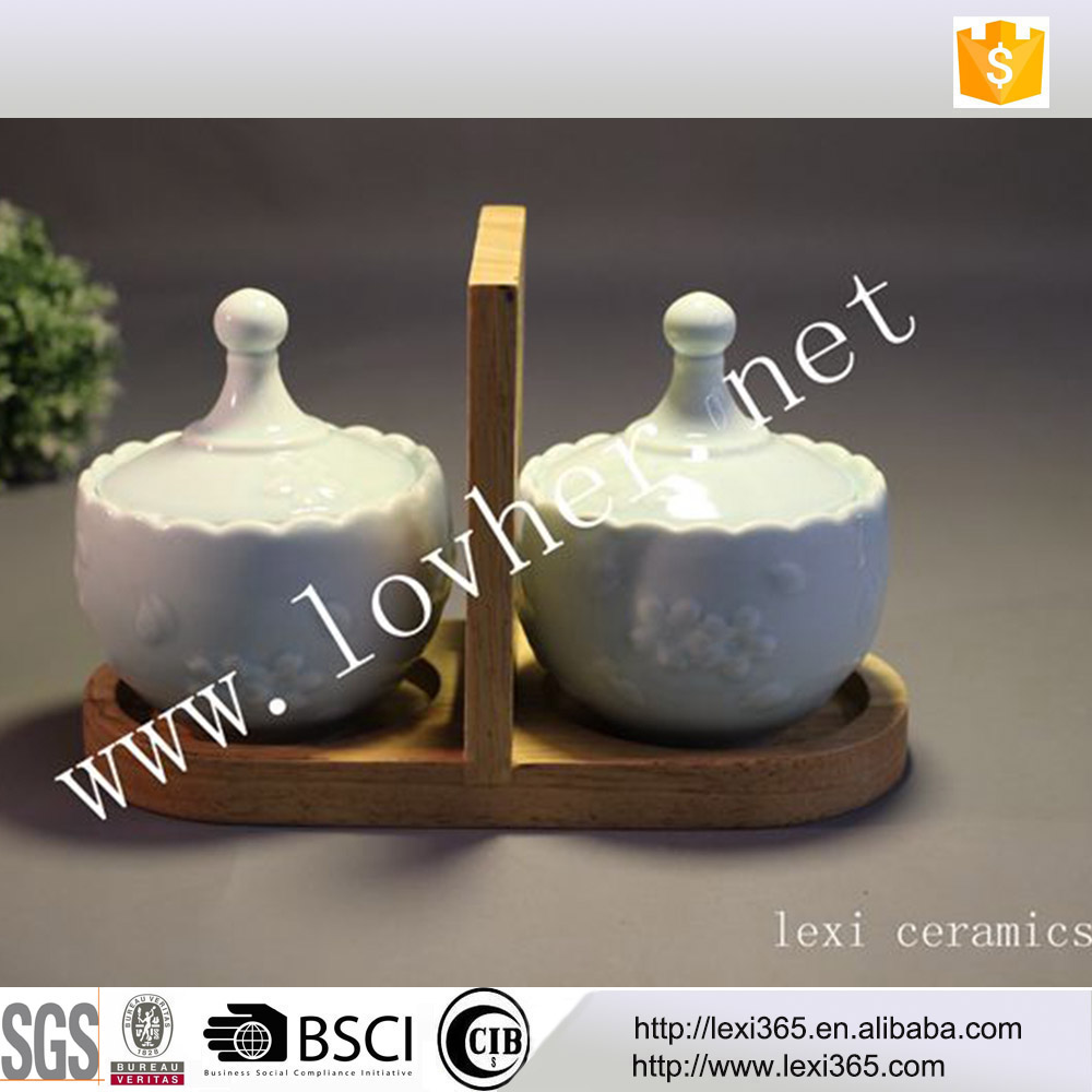 Embossed New Bone China Porcelain Ice Cream Bowl Set Ceramic Sugar Pot Jar With Cover