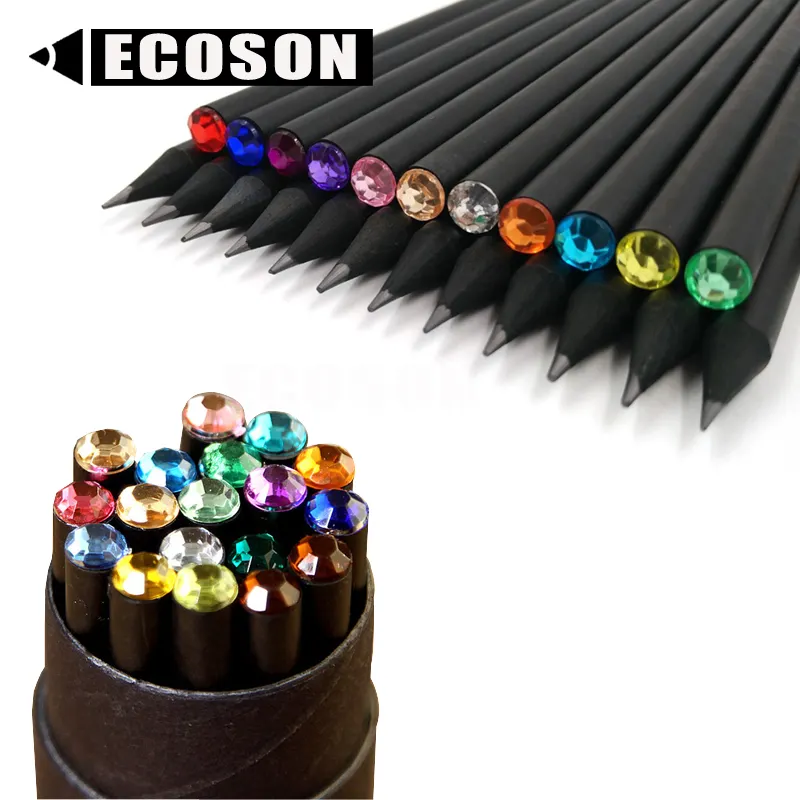 FREE SAMPLES Quality All Black Wood Pencil with Multi Color Crystal Acrylic Diamond HB Customized Logo Printed Crystal Pencil