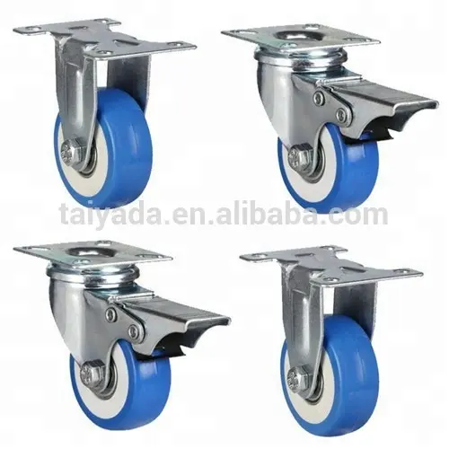 For Wheel 50mm Swivel Rectangle Top Plate Blue PVC Casters Wheel With Double Brakes For Baby Carriges