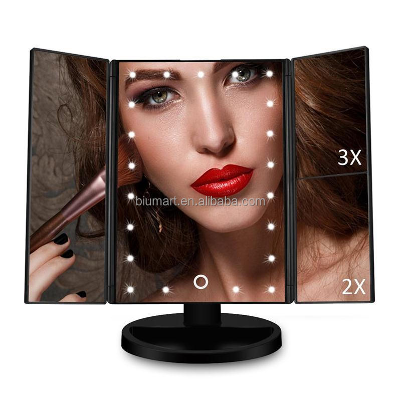 Customized 1X 2X 3X 10X Magnifying 180 Degree Stand Table Mirror Touch Dimming With USB Cable Trifold 24 LED Mirror Light
