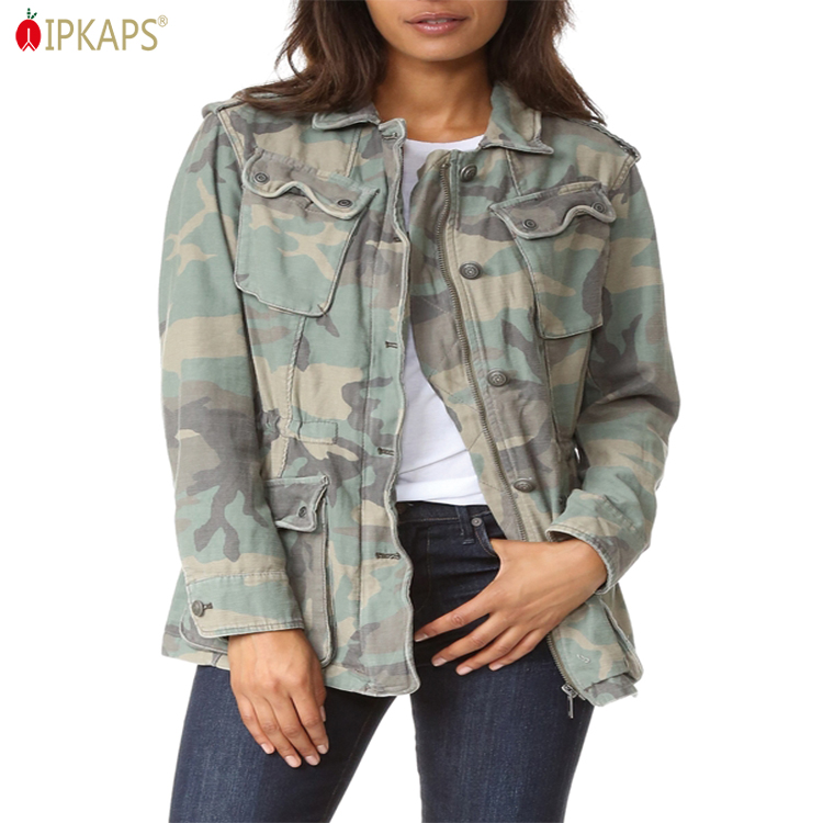 Autumn Well-worn Camouflage Soft Canvas 100% Cotton Military Coat Washed Crop Women Vintage Army Camo Jackets