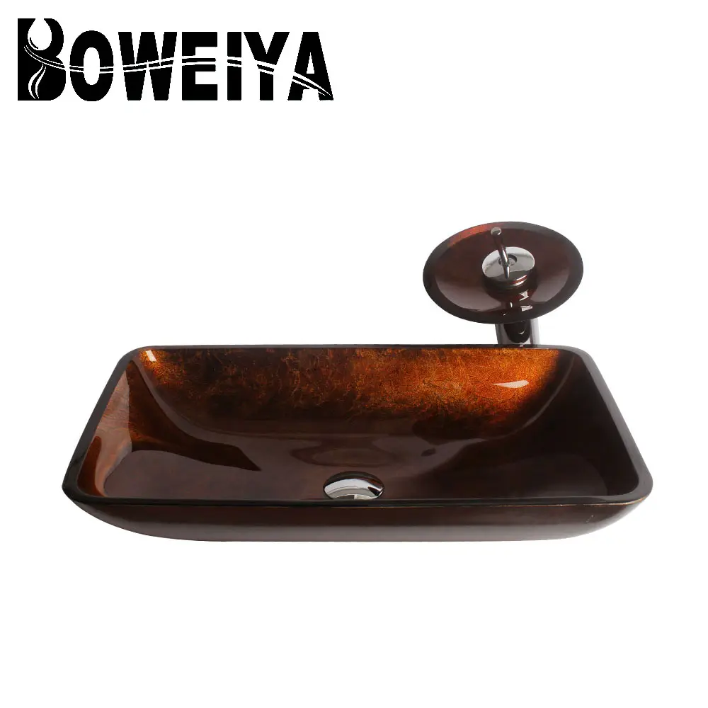 China Sanitary Ware Pattern Tempered Glass Rectangular Wash Basin Bathroom Sink Top