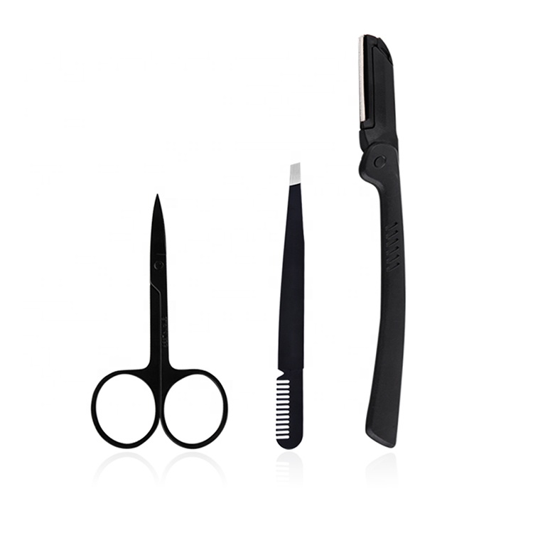 3pcs Beauty Makeup Black Scissor Razor Tweezers Eyebrow Set