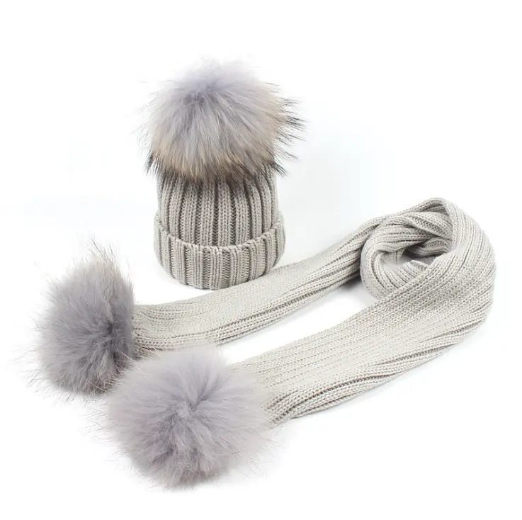 Scarf and Hat and Gloves Sets Kids Women Customized Plain Fur Winter Scarf Hat Gloves Set