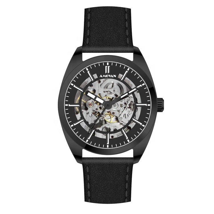 AMV19102 Лидер продаж автоматические механические мужские часы Tonneau Скелет кожа Chrono наручные