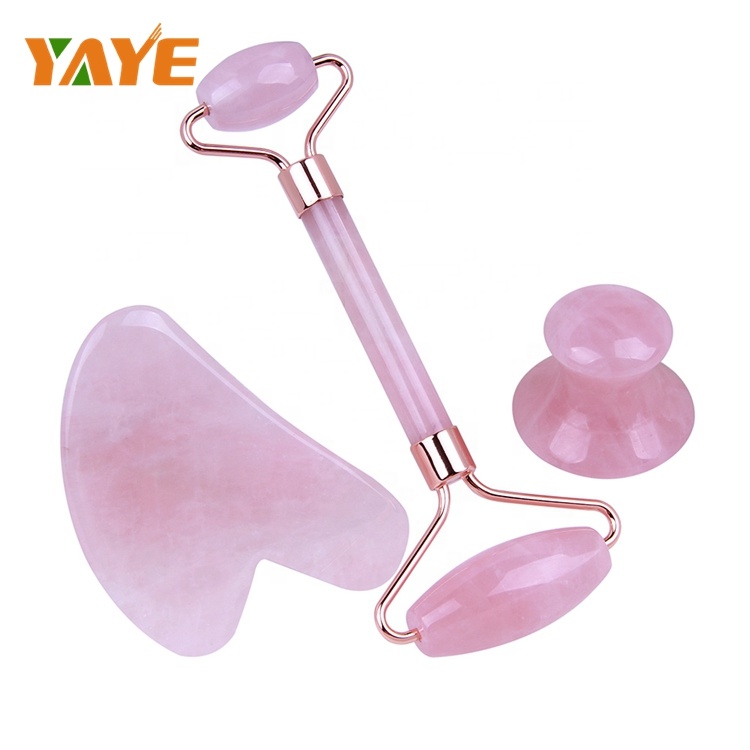 Rose Quartz Facial Roller and Gua Sha Scraping Massage Jade Roller Set Beauty & Healthy
