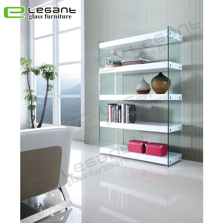 Tempered Glass Bookshelf with High Gloss White Painting Wood Shelf