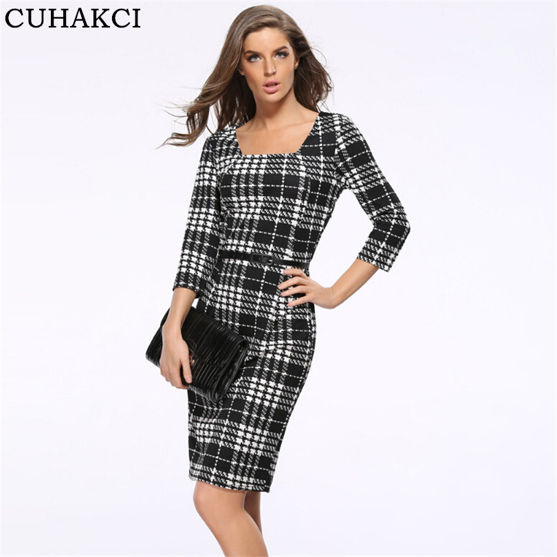 Модные Bodycon осенние платья женские клетчатые Клубное платье, платье для вечеринок, офисная одежда, элегантное, платье-карандаш с квадратным вырезом; В стиле знаменитостей на молнии, обувь больших размеры