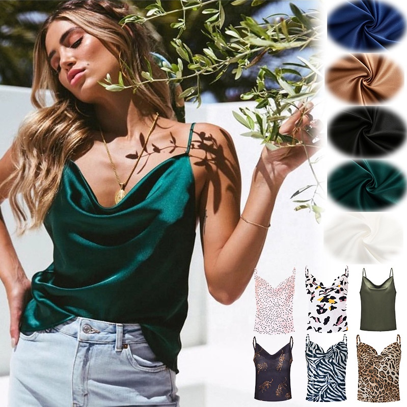 XXXL Plus Size Wholesale Plain Print Sleeveless Casual Women Ladies Female Summer Short Silk Satin Spaghetti Strap Tank Crop Top