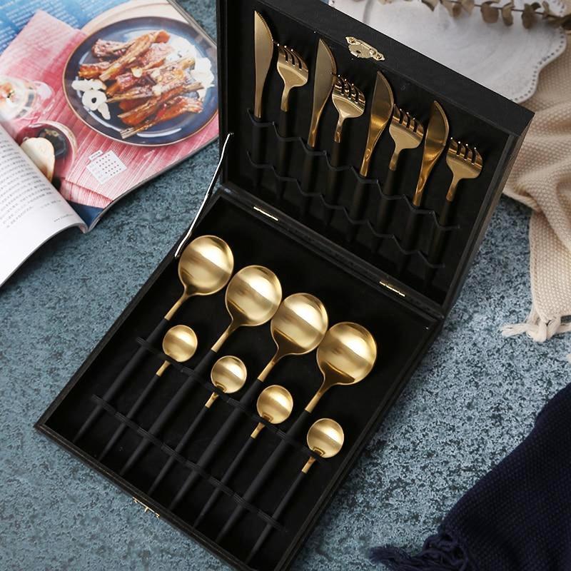 Promotion 16 pcs Flatware Gold Cutlery Stainless Steel Cutlery Sets With Wooden Box