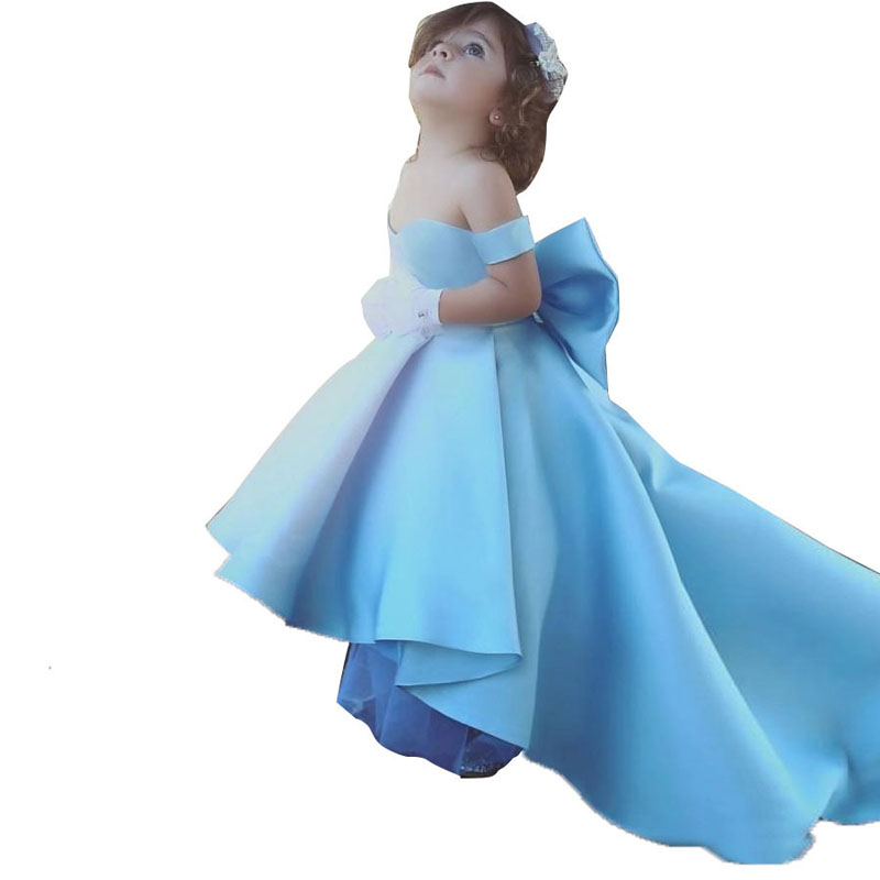 High Low Light Sky Blue Satin Flower Girls Dresses Toddler Birthday Party Dress With Big Bow Back